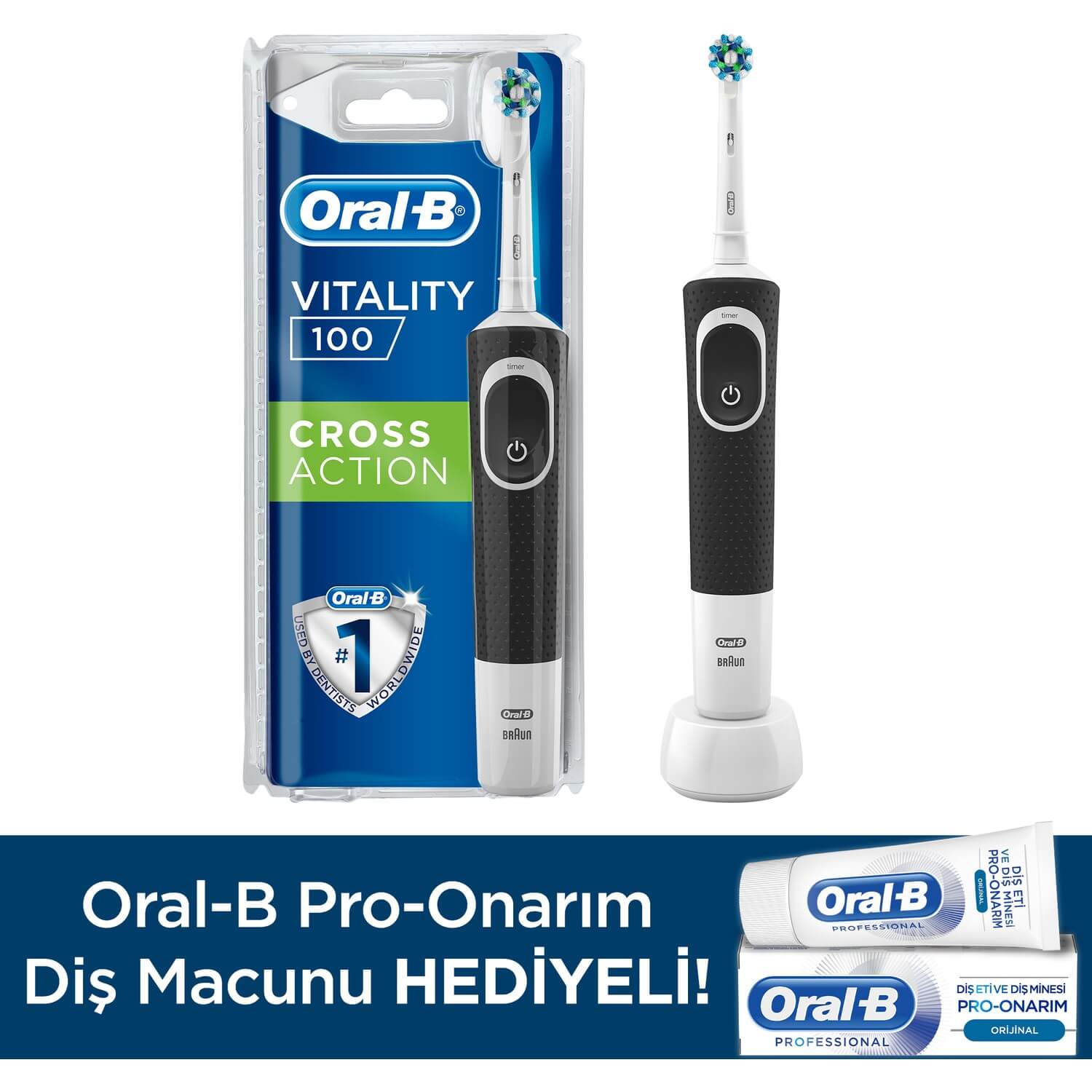 Oral-B D100 Şarjlı Diş Fırçası Cross Action Siyah + Pro Onarım Diş Macunu 50 ml Oral-B D100 Şarjlı Diş Fırçası Cross Action Siyah + Pro Onarım Diş Macunu 50 ml